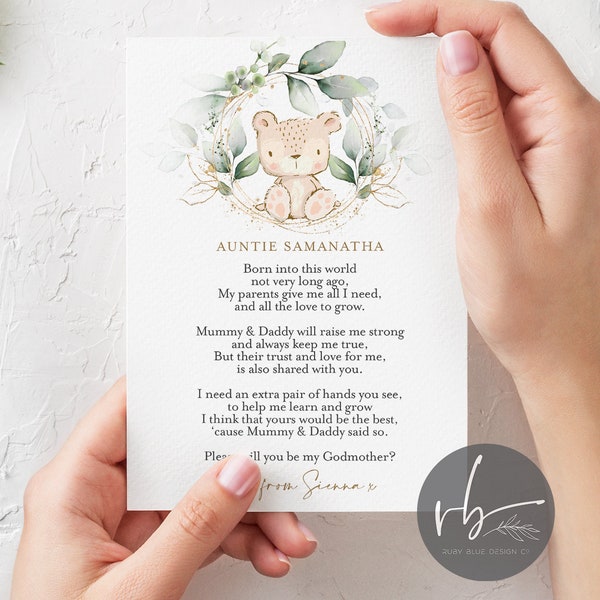 DIGITAL Personalised Teddy Bear Will you be my Godparents poem card, Godmother, Godfather, Godparent, Guide parent - 1 card