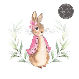 May include: Watercolor illustration of a brown bunny wearing a pink jacket and bow, surrounded by green leaves. The image has the text "Instant PNG Digital" in a circle.