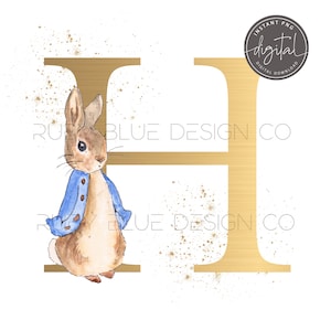 Gold Peter Rabbit Initial H Initial PNG, Nursery Letter H Design, Kaart, Tag, Digitale Download, Afdrukbaar, Kwekerij Decor Print