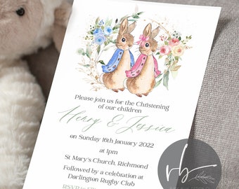 Digital Personalised Twins Bunny Rabbit Floral Christening Invitations, Electronic version Pink and Blue Rabbit Baptism, Naming Ceremony