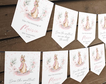 Baby Pink Rabbit Personalised Bunting 6 flags, 1 metre white ribbon
