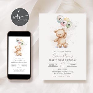 Convites personalizados digitais de urso, balões de ursinho de pelúcia em cores neurais para festa de aniversário, todas as idades, qualquer frase, enviados como JPG