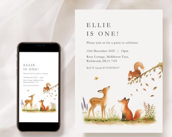 May include: A birthday invitation with the text "ELLIE IS ONE!" on a white background. The invitation features watercolor illustrations of a deer, fox, and squirrel. The invitation is displayed on a smartphone and a printed card.