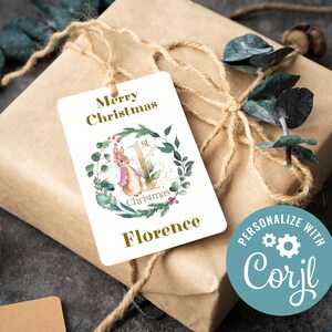 Flopsy Rabbit 1st Christmas Tag or Label Template, Editable Text, 100% Editable, Instant Download, CORJL