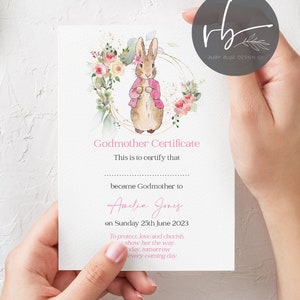 Personalised Flopsy Rabbit Godparent Certificate Godparents, Godmother, Godfather, Godparent, Guide parent - 1 card