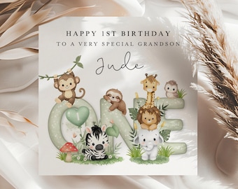 1st Birthday Card Boy,First Birthday Card For Grandson, Safari Animals Personalised Cute Card