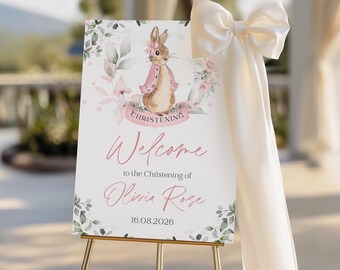 Personalised Welcome Sign Christening Welcome Sign, Baptism Kids Sign, BUNNY Rabbit  Rabbit Print, Baby, Baby Pink