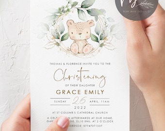 Digital Personalised Teddy Bear Cute Invitations, Teddy Invites Christening Baptism Naming Day, any wording