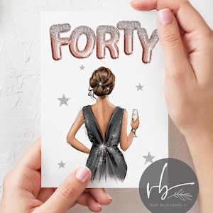 Digital 40th birthday card, custom portrait, 40 birthday, instant download, 40th birthday card, printable, for her champagne best friend 40