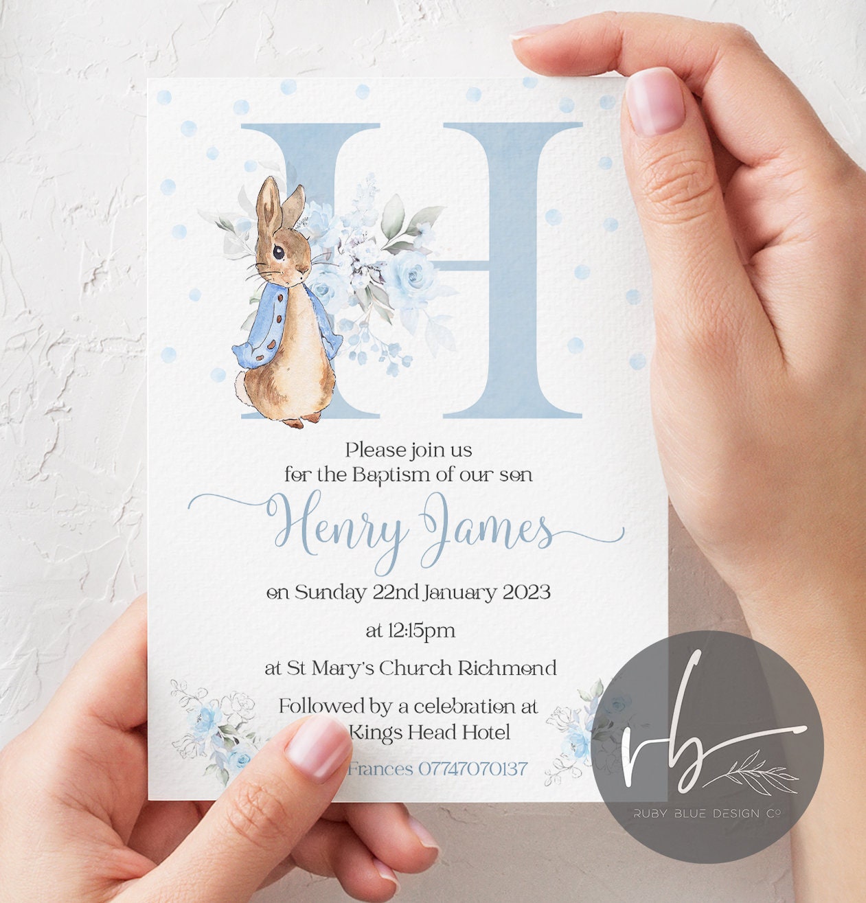 Digital Personalised Christening Invitations | Pink or Blue Rabbit Invitations | Naming Day Invitations |  Invites Initial, digital download