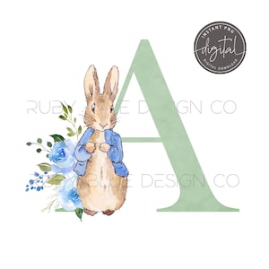 BLUE Rabbit Soft Green Floral Watercolour Alphabet PNG, BLUE Rabbit 26 Letters, Digital Download, Printable, Green Floral