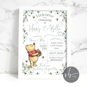 DIGITAL Winnie the Pooh Personalised Welcome Sign Christening Sign, Baptism Kids Sign, Pooh Bear Print, Baby, Neutral, Pink, Blue,Godparent