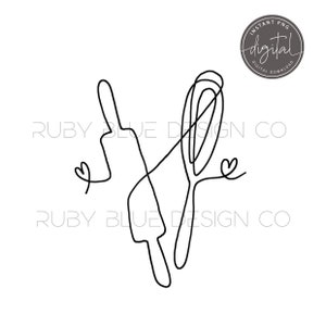 Puede incluir: Ilustración de línea de un rodillo y un batidor cruzados con corazones a cada lado. El texto "RUBY BLUE DESIGN CO" aparece dos veces en la imagen.