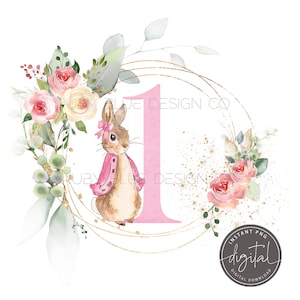 Flopsy rosa Peter Kaninchen 1. Geburtstag PNG, Peter Rabbit Blumen Kranz Aquarell Design, Karte Design, sofortiger digitaler Download, druckbare