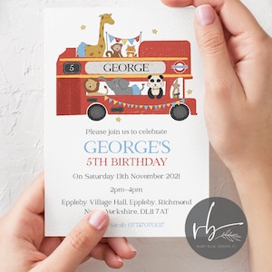 DIGITAL Personalised London Bus Birthday Invitations, British London Bus  Birthday Party, all ages, any wording, Unisex invites, download