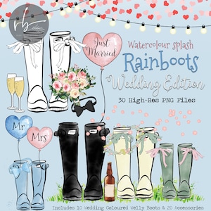 Könnte beinhalten: Aquarell-Illustration von 30 hochauflösenden PNG-Dateien mit Hochzeitsthema-Regenboots, Accessoires und dem Text "Watercolor splash Rainboots Wedding Edition".