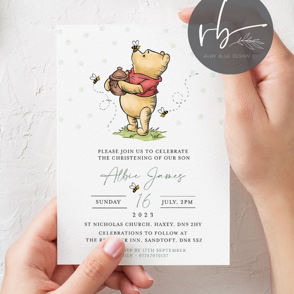 Personalised Winnie the Pooh Christening Invitations | Pooh Bear Invitations | Bespoke Children's Invitations, envelopes included