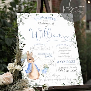 Letrero de bienvenida personalizado DIGITAL Peter Rabbit, letrero de bautizo, letrero de bautismo para niños, estampado de Peter Rabbit, bebé, neutro, rosa, azul, padrino