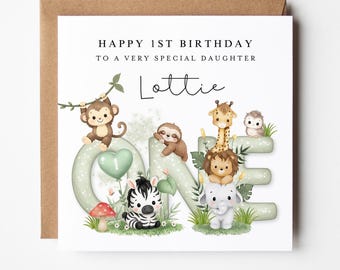 1st Birthday Card Daughter ,First Birthday Card For Girl, Safari Animals Woodland Baby Animals, Personalised Cute Card