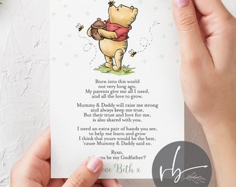 DIGITAL Winnie Pooh Bear Personalised Will you be my Godparents card, Godmother, Godfather, Godparent, Guide parent - 1 card