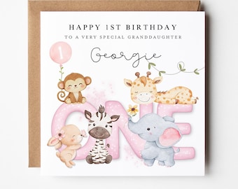 1st Birthday Card for Granddaughter, First Birthday Card For Girl, Cute Pink Baby Animals Woodland Baby Animals, Personalised Cute Card