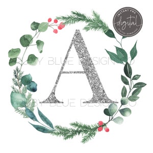 Guirlanda de Natal Glitter Prata Floral Aquarela Alfabeto PNG, Prata 26 Letras, 10 Números, Download Digital, Para Impressão, Sublimação