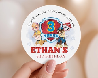 Personalised Round Stickers Paw Party Thank you, stickers favour Printed Glossy Waterproof 45mm