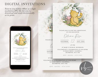 Digital Personalised Classic Bear Christening Invitations, Electronic version Bear Neutral Invites