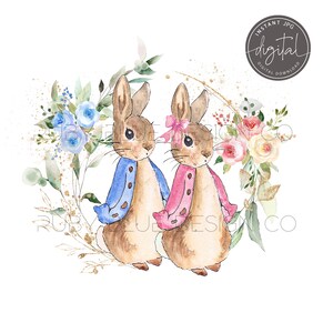 Peter & Flopsy Hase Zwillinge Frühlingskranz Floral PNG, Peter Rabbit, Digitaler Download, druckbar,