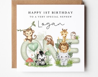 1st Birthday Card for Nephew, First Birthday Card For Boy, Safari Animals Woodland Baby Animals, Personalised Cute Card