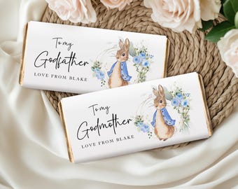 Personalised Blue Rabbit Chocolate WRAPPER ONLY Christening Baptism Naming Day Gift Idea Godmother Godfather Godparent Gift