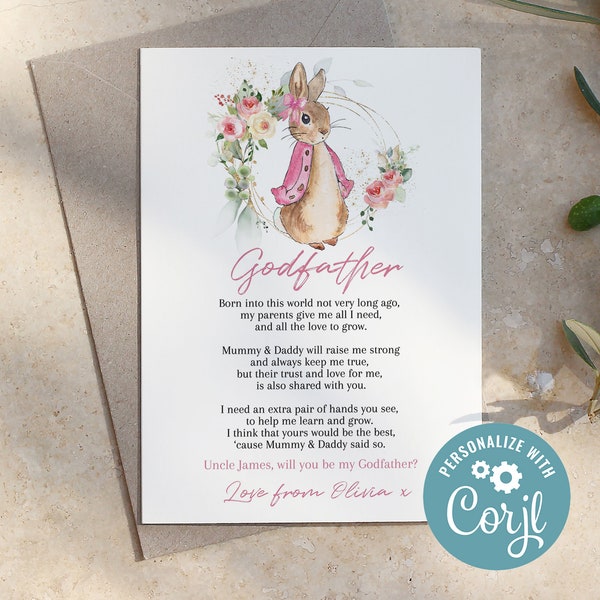 EDITABLE Flopsy Rabbit Rainbow Godparents card, will you be my godparents printable, editable, instant download poem Template, CORJL