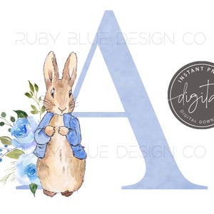 BLUE Rabbit Blue Floral Watercolour Alphabet PNG, Bunny Rabbit 26 Letters, Digital Download, Printable, Blue Floral