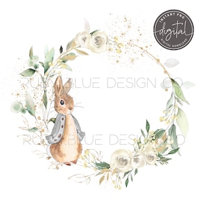 Neutraler Grauer Peter Hase Kranz Gold Floral PNG, Peter Rabbit, Digitaler Download, druckbar, Gender Neutral Baby