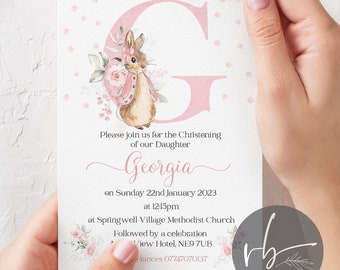 Personalised Peter Rabbit Christening Invitations | Floral Invitations | Initial Invitations | Flopsy Rabbit Invitations, envelopes included