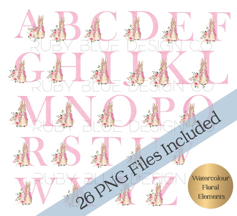 flopsy rabbit pink floral watercolour alphabet png peter