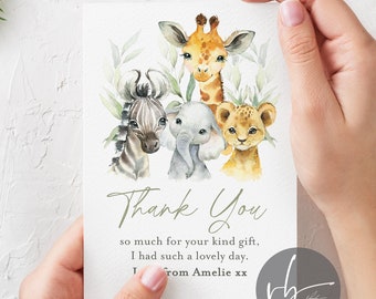 Personalised Safari Animals Thank You Cards, Baby, Party, Christening, Baptism, Thanks, Thank You Note Cards