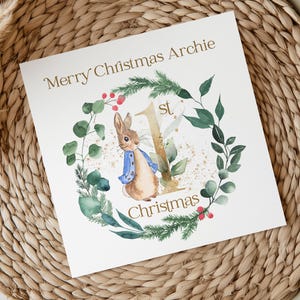 Blue Rabbit First Christmas Card, personalised, Bunny Rabbit 1st Christmas, Baby First Christmas Card,Wreath, Blue Rabbit Christmas Card image 3