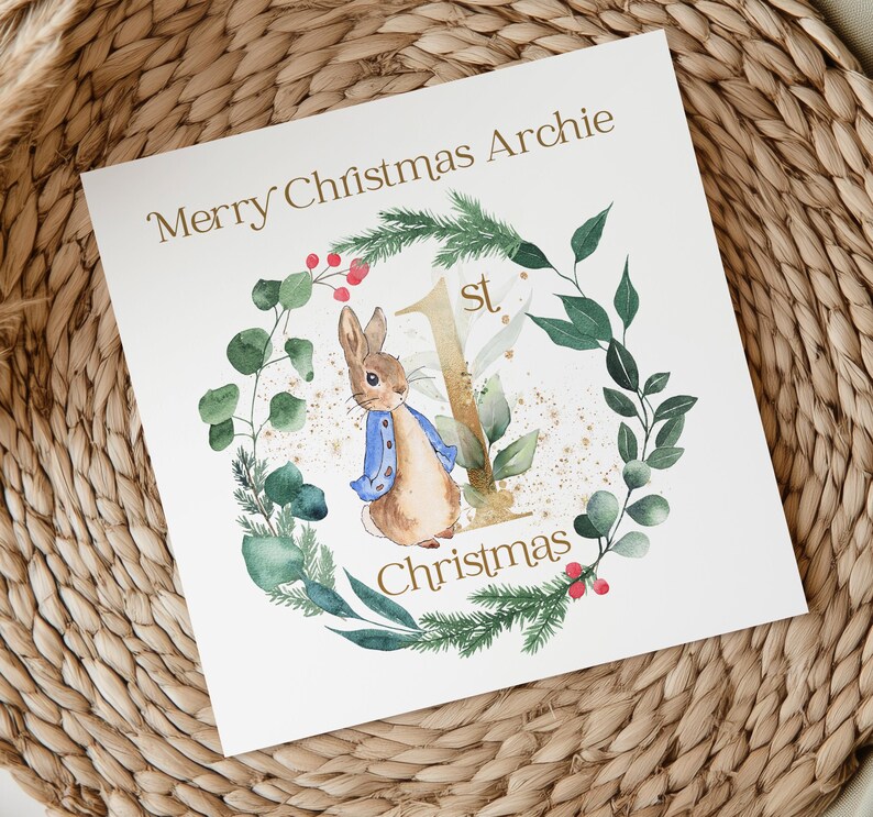 Blue Rabbit First Christmas Card, personalised, Bunny Rabbit 1st Christmas, Baby First Christmas Card,Wreath, Blue Rabbit Christmas Card image 3
