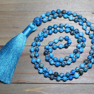 Crazy Lace Agate Mala, Blue Agate Necklace, Mala Beads Necklace, Meditation Jewelry, Yoga Gifts, Hand Knotted, Boho Tassel Necklace
