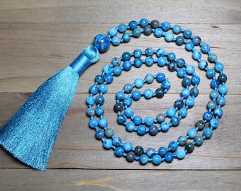 Crazy Lace Agate Mala, Blue Agate Necklace, Mala Beads Necklace, Meditation Jewelry, Yoga Gifts, Hand Knotted, Boho Tassel Necklace