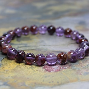 Amethyst Bead Bracelet, Stack Bead Bracelet, Stretch Bead Bracelet, Cacoxenite Amethyst, Amethyst Crystal, Purple Phantom Quartz, Mala Gift image 1