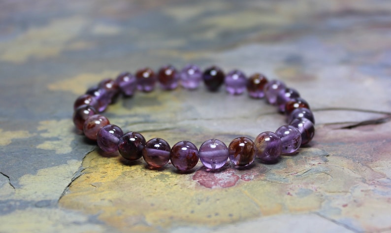 Amethyst Bead Bracelet, Stack Bead Bracelet, Stretch Bead Bracelet, Cacoxenite Amethyst, Amethyst Crystal, Purple Phantom Quartz, Mala Gift image 1