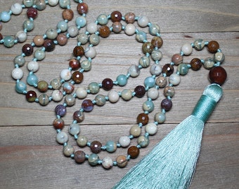 Gebet Perlen Mala, Gebet Perlen Halskette, Gebet Perlen 108, Hand geknotet Mala, buddhistische Mala, Yoga Meditation Geschenke, Boho Quaste Halskette