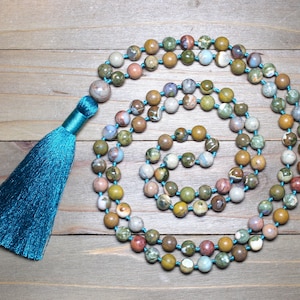 Rhyolite Mala Beads, Hand Knotted Mala, Natural Stone Bead Necklace, Mala Beads 108, Long Tassel Necklace, Ocean Jasper Mala, Yoga Jewelry