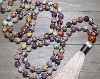 Birdseye Rhyolite Necklace, Rhyolite Mala Beads, 108 Bead Mala, Spiritual Jewelry, Beaded Tassel Necklace, Yoga Meditation Gift, Gemstones