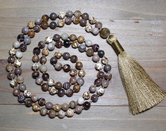 Hand Knotted Mala, Sardonyx Necklace, Mala Bead Necklace, Hand Knotted Jewelry, Mala Necklace, Brown Tassel Necklace, Meditation Beads