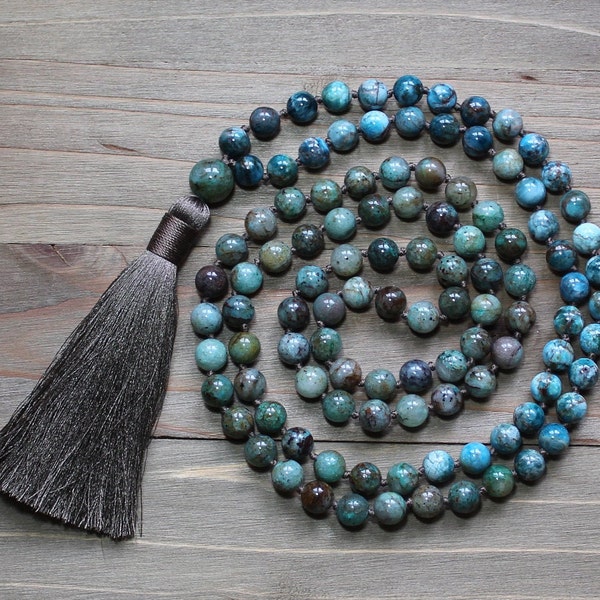 Apatite Mala Beads, Apatite Mala Necklace, Blue Apatite Necklace, Azurite Mala, Yoga Meditation Jewelry, Azurite Chrysocolla, 108 Mala Beads