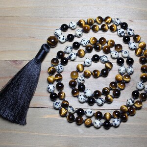 Mala Necklace, Mala Beads 108, Tiger&#39;s Eye Mala, Dalmatian Jasper Necklace, Yoga Meditation Gifts, Hand Knotted Mala, Spiritual Gift for Him