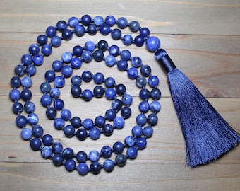 Sodalite Necklace, Blue Mala Beads, Mala Beads Necklace, Boho Jewelry, Long Tassel Necklace, Meditation Gifts, Sagittarius Necklace, Yoga